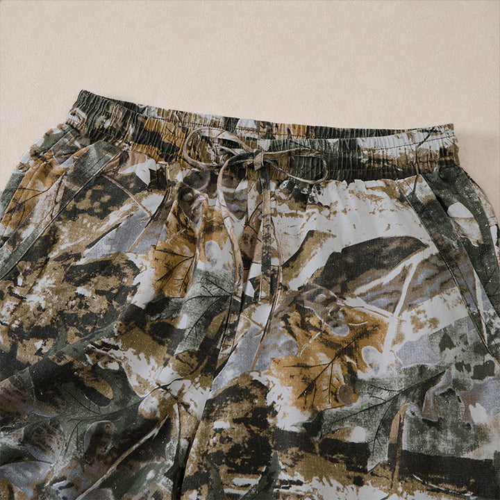 Buddha Stones Pantalones cortos deportivos informales de verano para hombre, con cordón ajustable, estampado de camuflaje de hojas, de algodón y ramio, con bolsillos. - image 12