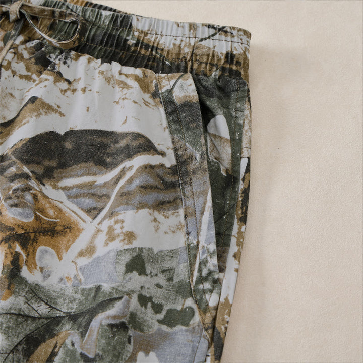 Buddha Stones Pantalones cortos deportivos informales de verano para hombre, con cordón ajustable, estampado de camuflaje de hojas, de algodón y ramio, con bolsillos. - image 14
