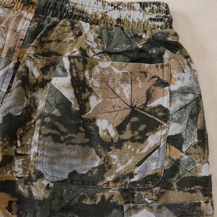 Buddha Stones Pantalones cortos deportivos informales de verano para hombre, con cordón ajustable, estampado de camuflaje de hojas, de algodón y ramio, con bolsillos. - image 15