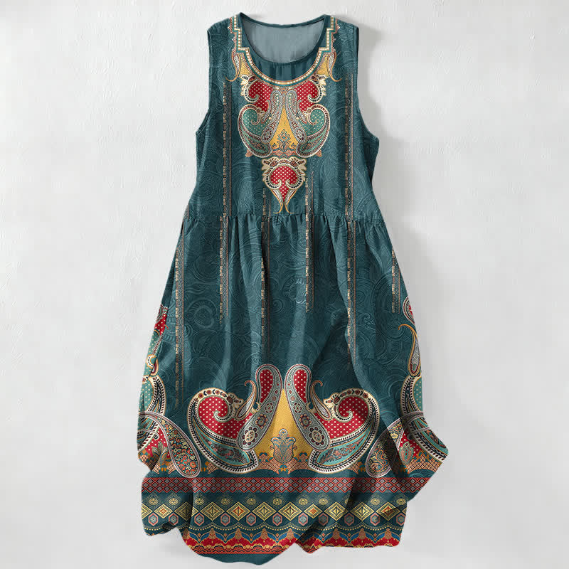 Buddha Stones Vestido midi de verano informal para mujer con estampado de cachemir persa y bolsillos. - Verde azulado - US16，UK/AU20，EU48 (3XL) - image 0