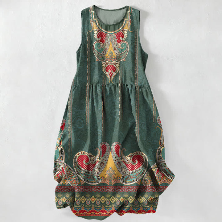 Buddha Stones Vestido midi de verano informal para mujer con estampado de cachemir persa y bolsillos. - Verde bosque - US16，UK/AU20，EU48 (3XL) - image 4