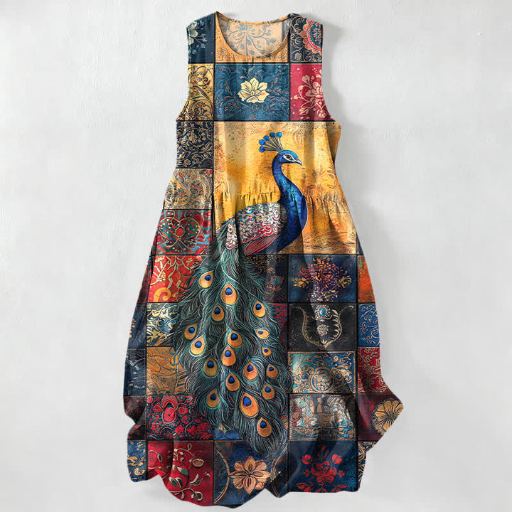 Buddha Stones Vestido midi de verano informal para mujer con estampado de retazos de pavo real y bolsillos. - Azul acero - US16，UK/AU20，EU48 (3XL) - image 0