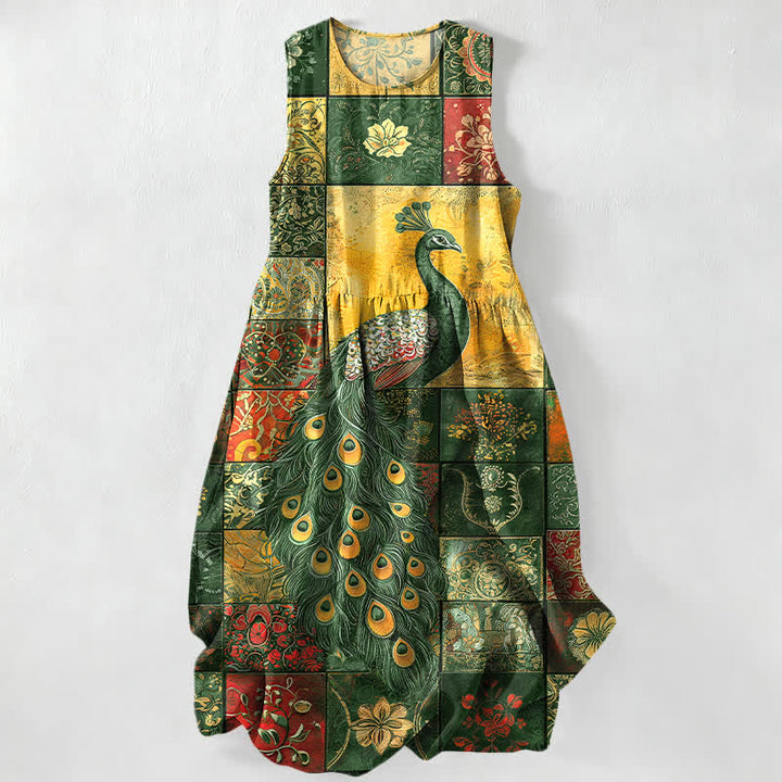 Buddha Stones Vestido midi de verano informal para mujer con estampado de retazos de pavo real y bolsillos. - Verde bosque - US16，UK/AU20，EU48 (3XL) - image 5