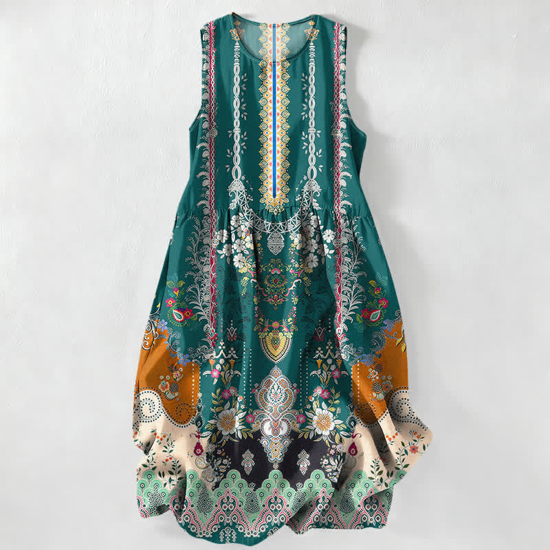 Buddha Stones Vestido midi de verano informal vintage para mujer con estampado de medallones florales y hojas, sin mangas y con bolsillos. - Verde azulado - US16，UK/AU20，EU48 (3XL) - image 0