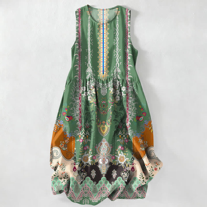 Buddha Stones Vestido midi de verano informal vintage para mujer con estampado de medallones florales y hojas, sin mangas y con bolsillos. - Verde bosque - US16，UK/AU20，EU48 (3XL) - image 4