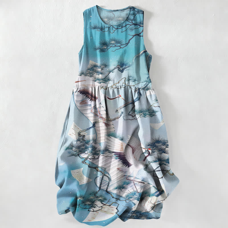 Buddha Stones Vestido midi de verano informal para mujer con estampado de grullas y pinos, estilo lavado a la tinta, sin mangas y con bolsillos. - Azul claro - US16，UK/AU20，EU48 (3XL) - image 0