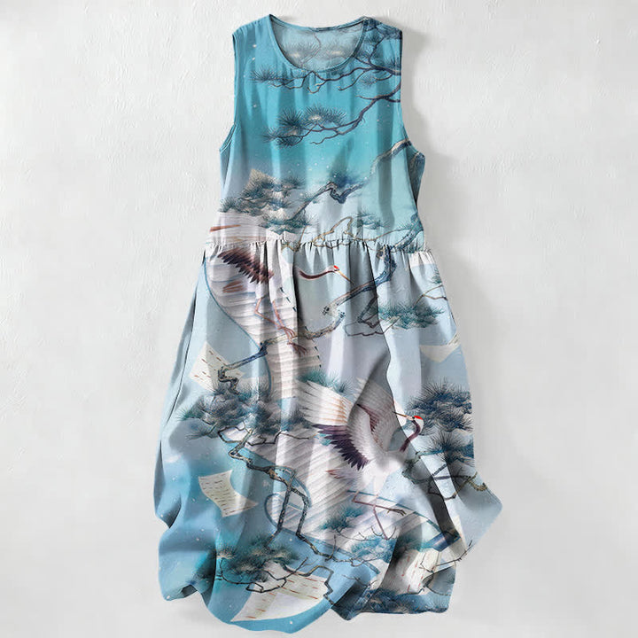 Buddha Stones Vestido midi de verano informal para mujer con estampado de grullas y pinos, estilo lavado a la tinta, sin mangas y con bolsillos. - Azul claro - US16，UK/AU20，EU48 (3XL) - image 0