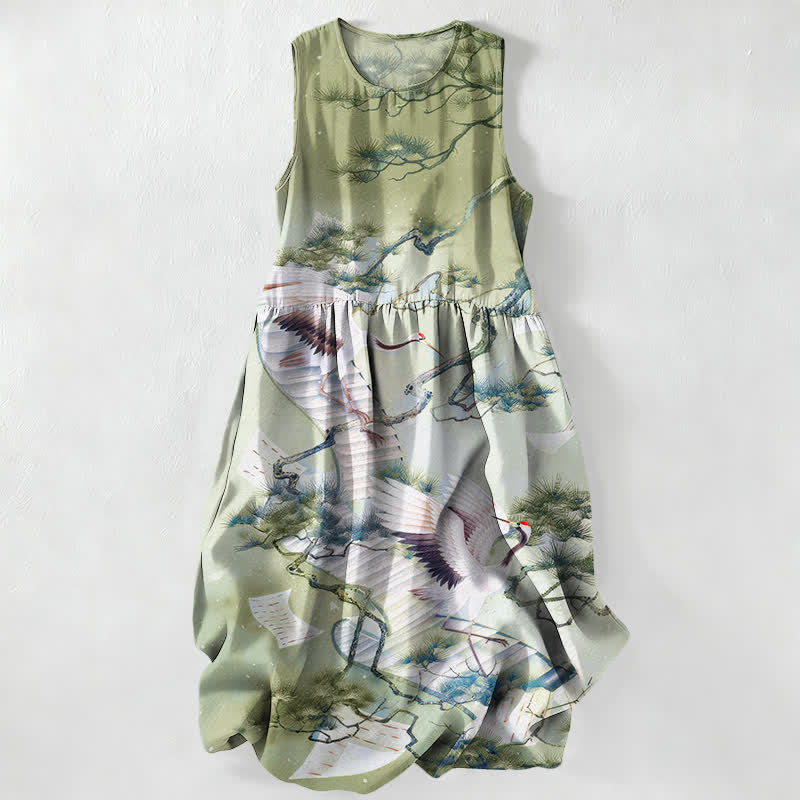 Buddha Stones Vestido midi de verano informal para mujer con estampado de grullas y pinos, estilo lavado a la tinta, sin mangas y con bolsillos. - Verde pálido - US16，UK/AU20，EU48 (3XL) - image 4
