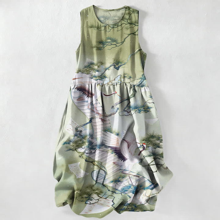 Buddha Stones Vestido midi de verano informal para mujer con estampado de grullas y pinos, estilo lavado a la tinta, sin mangas y con bolsillos. - Verde pálido - US16，UK/AU20，EU48 (3XL) - image 4