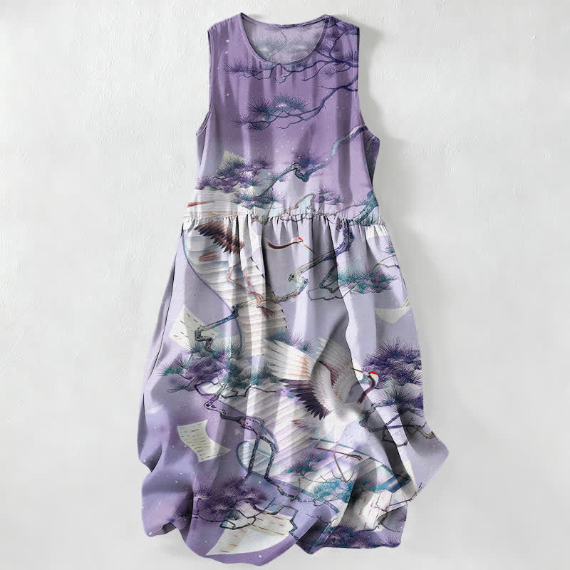 Buddha Stones Vestido midi de verano informal para mujer con estampado de grullas y pinos, estilo lavado a la tinta, sin mangas y con bolsillos. - Lavanda - US16，UK/AU20，EU48 (3XL) - image 5