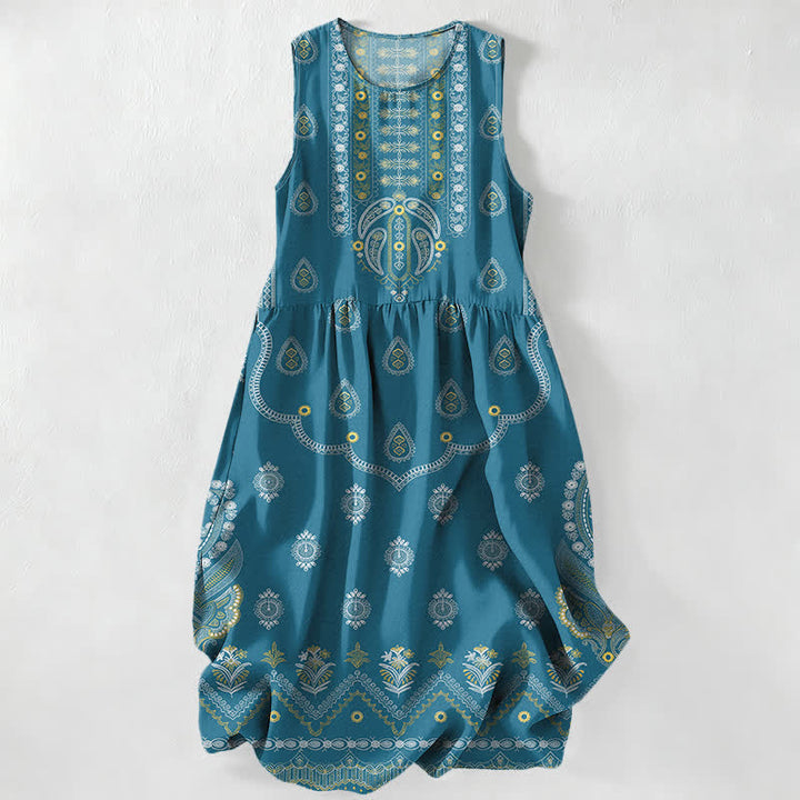 Buddha Stones Vestido midi de verano informal estilo bohemio con estampado de medallón y cachemir para mujer, sin mangas y con bolsillos. - Verde azulado - US16，UK/AU20，EU48 (3XL) - image 0