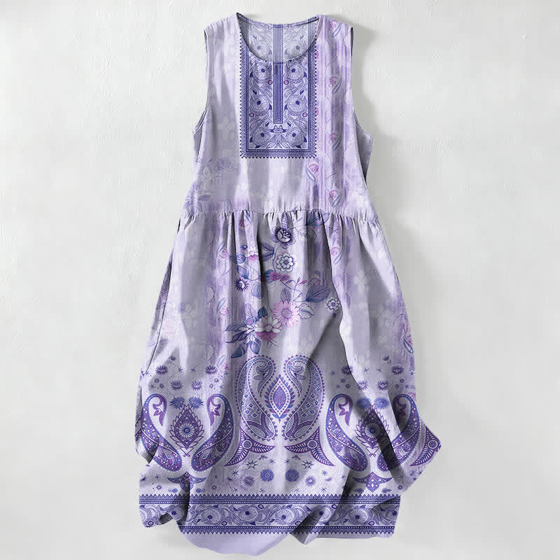 Buddha Stones Vestido midi de verano informal vintage para mujer con estampado de medallones florales y hojas, sin mangas y con bolsillos. - Azul pizarra - US16，UK/AU20，EU48 (3XL) - image 5