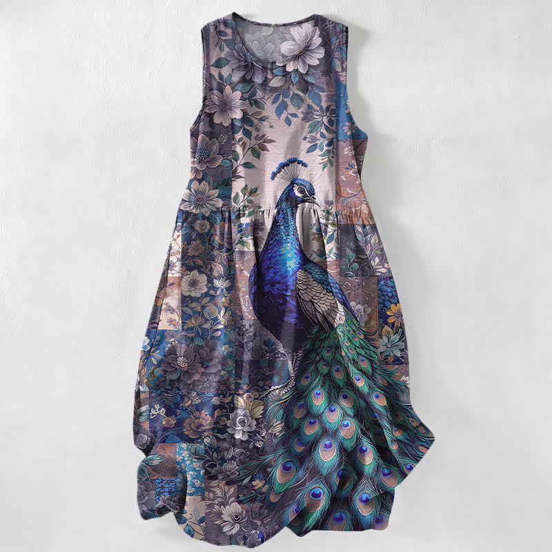 Buddha Stones Vestido midi de verano informal para mujer con estampado floral de pavo real y patchwork, sin mangas y con bolsillos. - Morado medio - US16，UK/AU20，EU48 (3XL) - image 5