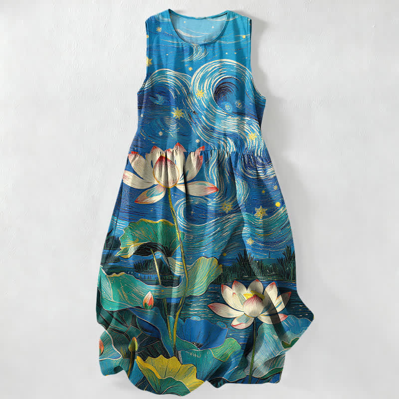Buddha Stones Vestido midi de verano informal para mujer con estampado de remolinos de loto y bolsillos. - Azul real - US16，UK/AU20，EU48 (3XL) - image 0