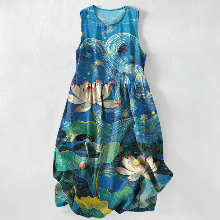 Buddha Stones Vestido midi de verano informal para mujer con estampado de remolinos de loto y bolsillos. - Azul real - US16，UK/AU20，EU48 (3XL) - image 0