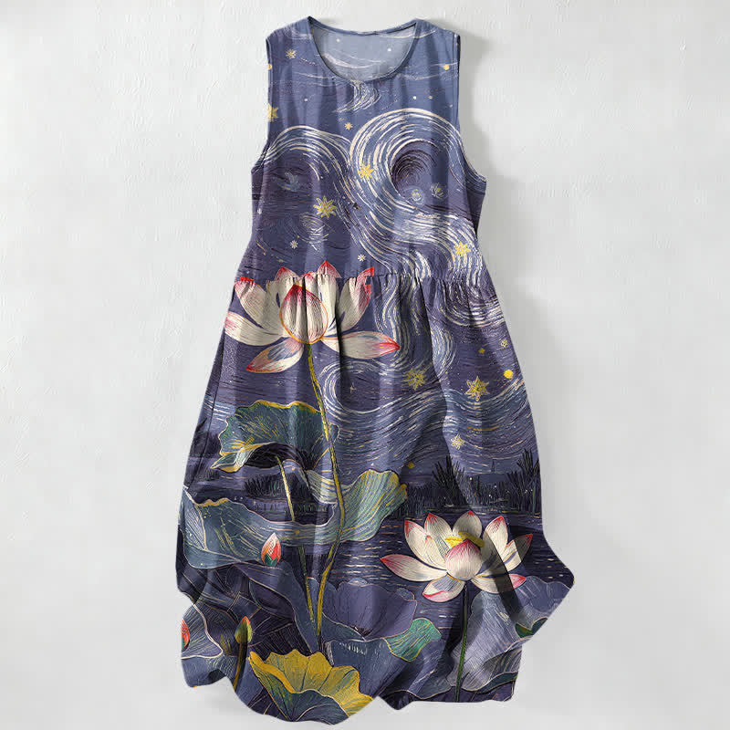 Buddha Stones Vestido midi de verano informal para mujer con estampado de remolinos de loto y bolsillos. - Índigo - US16，UK/AU20，EU48 (3XL) - image 4