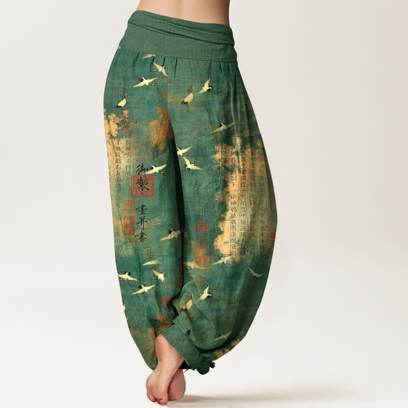 Buddha Stones Pantalones harem de algodón con estampado de caligrafía de grulla dorada para mujer con cintura elástica. - image 2