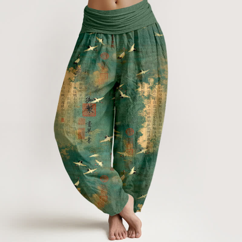 Buddha Stones Pantalones harem de algodón con estampado de caligrafía de grulla dorada para mujer con cintura elástica. - Verdemar - US16，UK/AU20，EU48 (3XL) - image 0