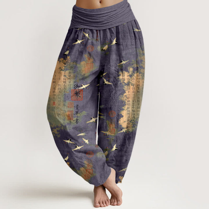 Buddha Stones Pantalones harem de algodón con estampado de caligrafía de grulla dorada para mujer con cintura elástica. - Azul pizarra - US16，UK/AU20，EU48 (3XL) - image 8