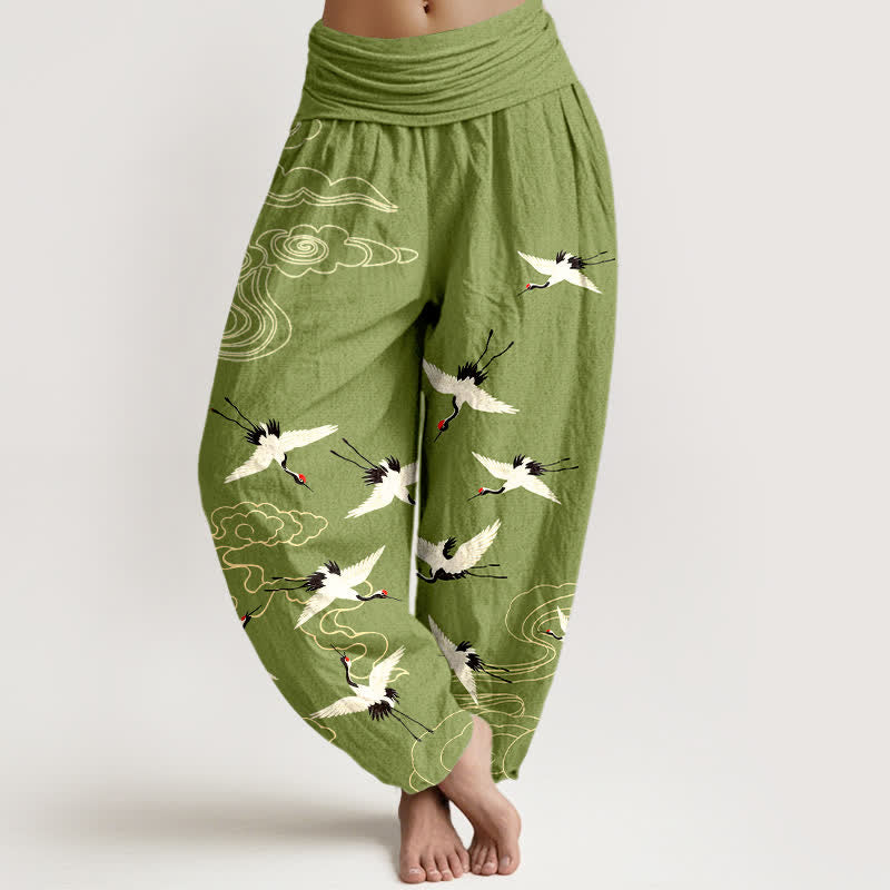 Buddha Stones Pantalones harem de algodón con estampado de grullas voladoras y cintura elástica para mujer. - Verde oliva - US16，UK/AU20，EU48 (3XL) - image 5