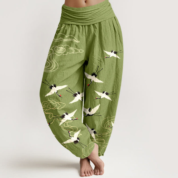 Buddha Stones Pantalones harem de algodón con estampado de grullas voladoras y cintura elástica para mujer. - Verde oliva - US16，UK/AU20，EU48 (3XL) - image 5