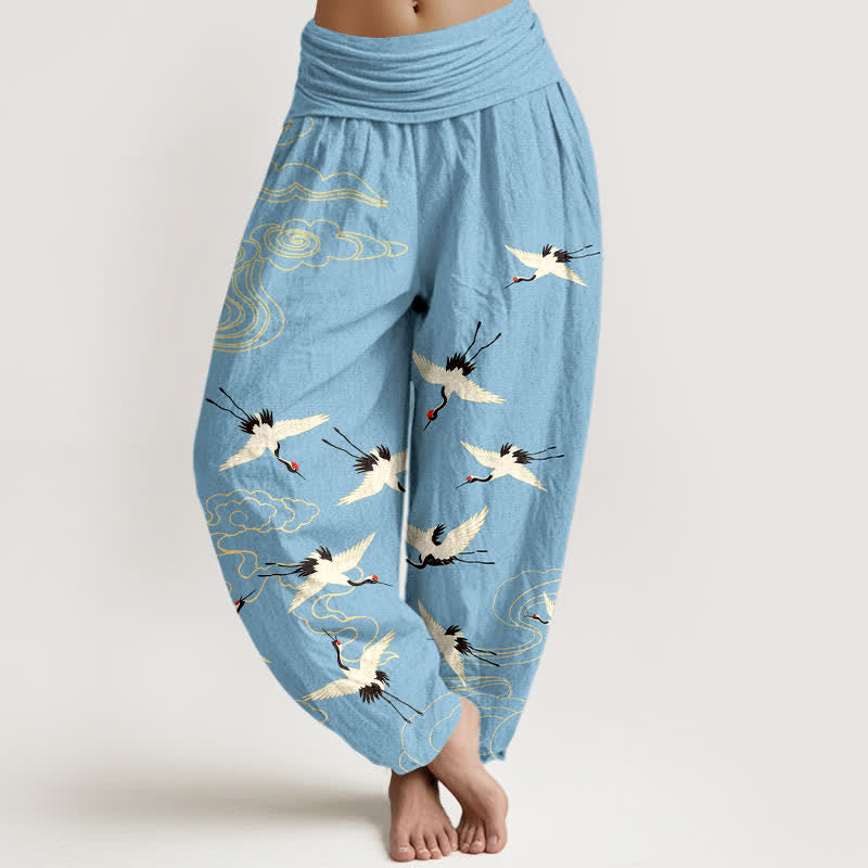 Buddha Stones Pantalones harem de algodón con estampado de grullas voladoras y cintura elástica para mujer. - Celeste - US16，UK/AU20，EU48 (3XL) - image 8