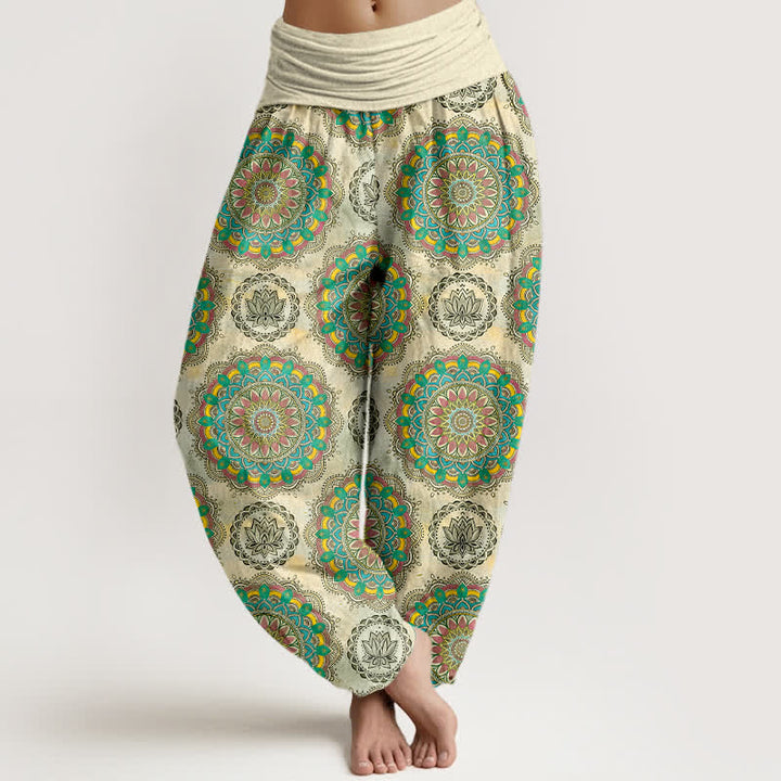 Buddha Stones Pantalones harem de algodón con estampado de mandala estilo boho y cintura elástica para mujer. - Beige - US16，UK/AU20，EU48 (3XL) - image 0