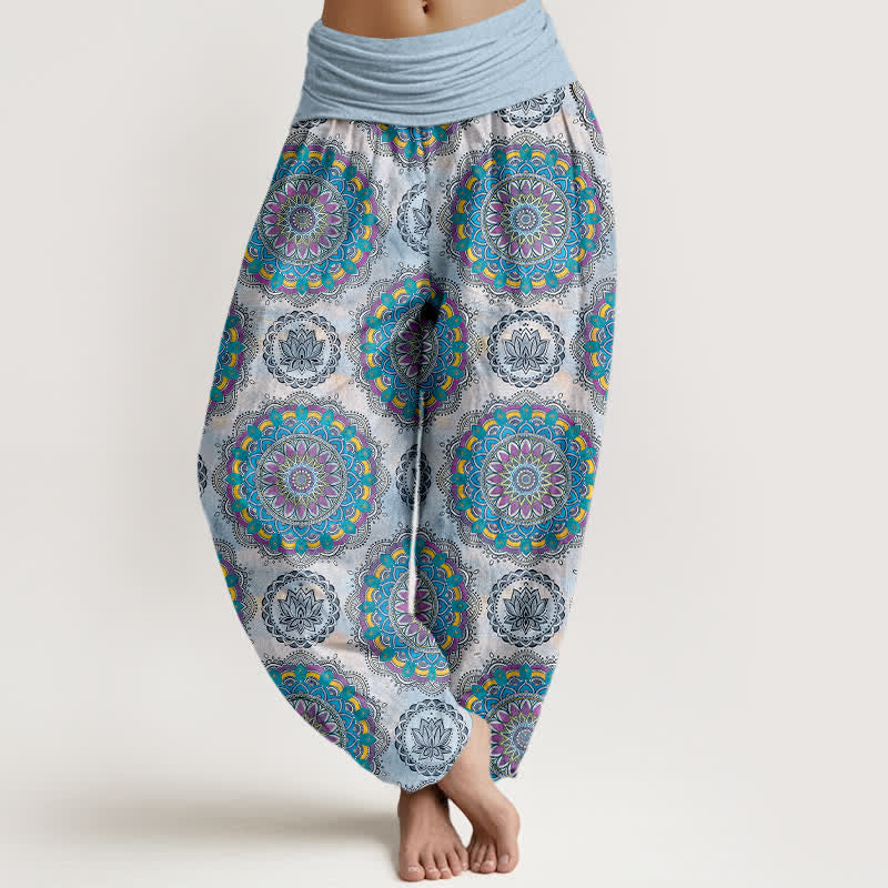 Buddha Stones Pantalones harem de algodón con estampado de mandala estilo boho y cintura elástica para mujer. - Azul cielo claro - US16，UK/AU20，EU48 (3XL) - image 5