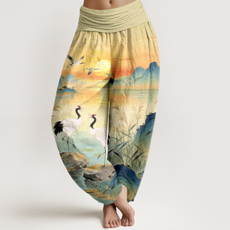 Buddha Stones Pantalones harem de mujer con cintura elástica y estampado de grulla de montaña y amanecer de algodón. - Limón Chiffon - US16，UK/AU20，EU48 (3XL) - image 0
