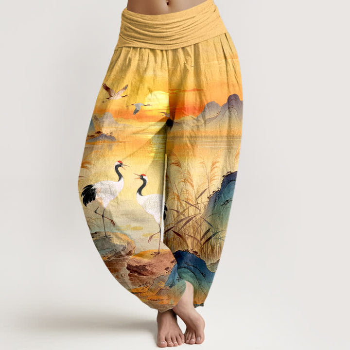 Buddha Stones Pantalones harem de mujer con cintura elástica y estampado de grulla de montaña y amanecer de algodón. - Oro - US16，UK/AU20，EU48 (3XL) - image 8