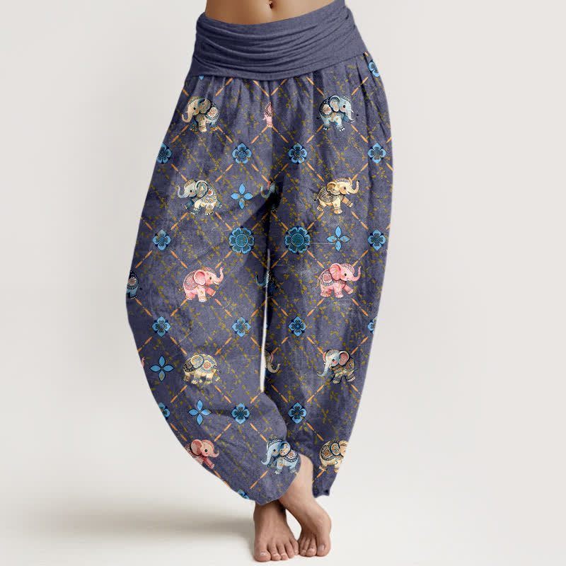 Buddha Stones Pantalones harem de mujer con cintura elástica y estampado floral de Cotton Elephant - Azul pizarra - US16，UK/AU20，EU48 (3XL) - image 0