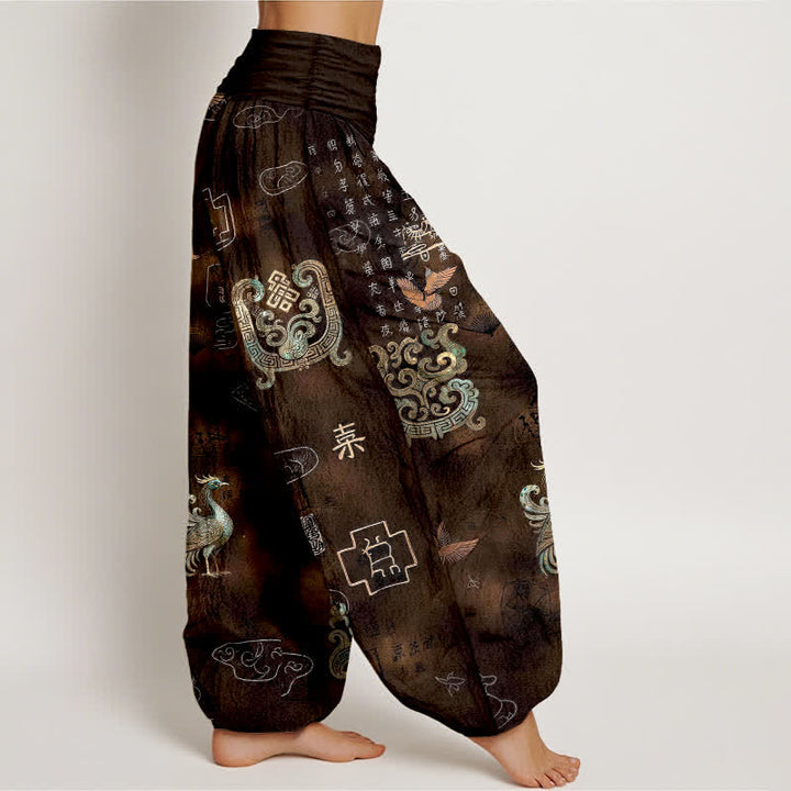 Buddha Stones Pantalones harem de mujer con cintura elástica y estampado de nubes de fénix de algodón. - image 1