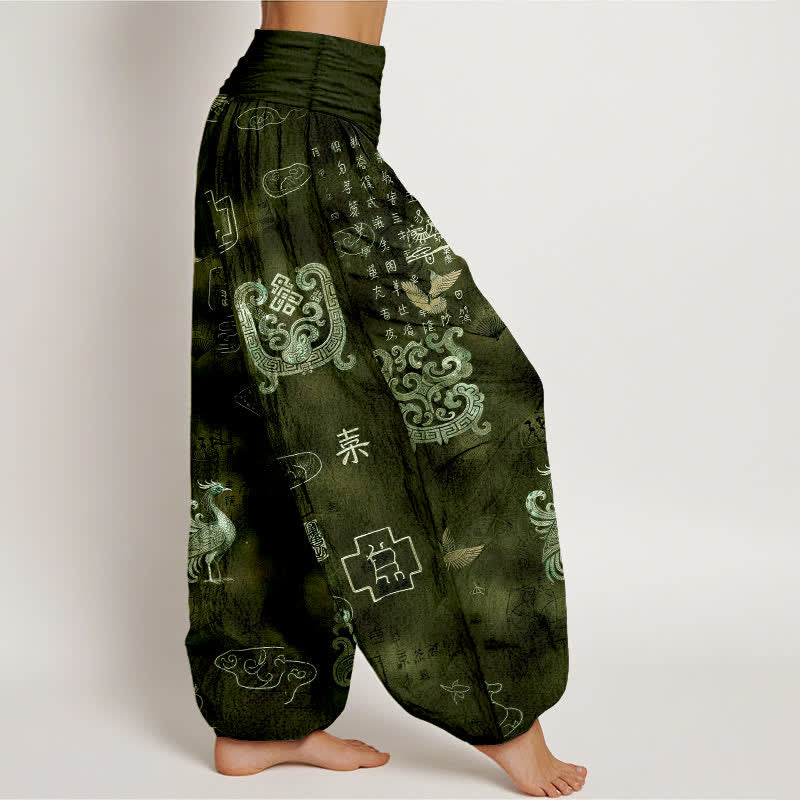 Buddha Stones Pantalones harem de mujer con cintura elástica y estampado de nubes de fénix de algodón. - image 6