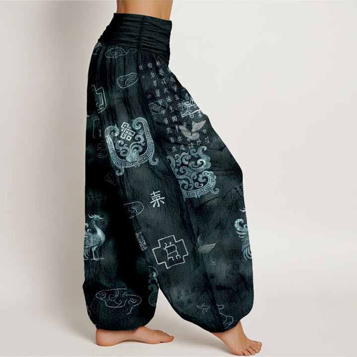 Buddha Stones Pantalones harem de mujer con cintura elástica y estampado de nubes de fénix de algodón. - image 9