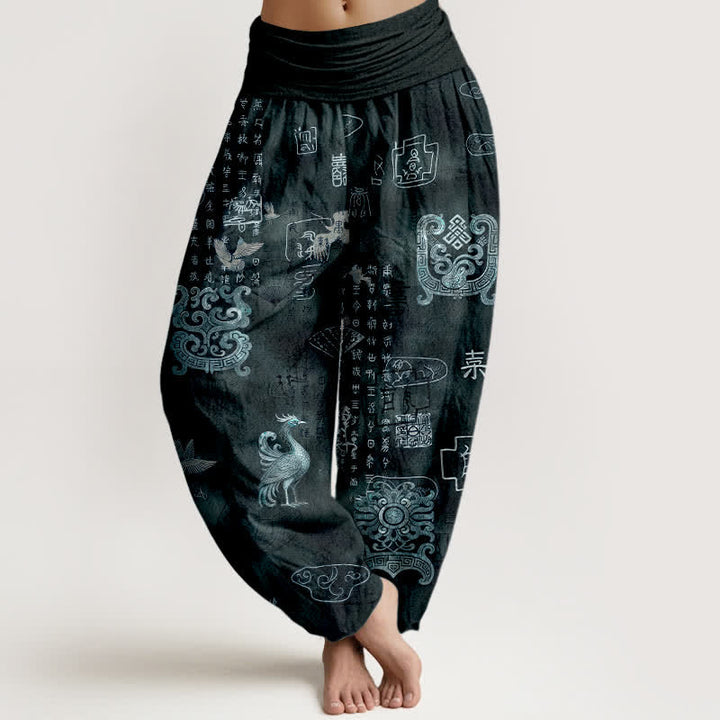 Buddha Stones Pantalones harem de mujer con cintura elástica y estampado de nubes de fénix de algodón. - Gris pizarra oscuro - US16，UK/AU20，EU48 (3XL) - image 8