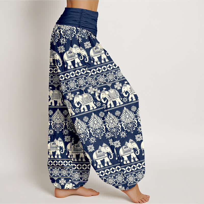 Buddha Stones Pantalones harem de mujer con cintura elástica y estampado tribal de rayas de Cotton Elephant - image 2