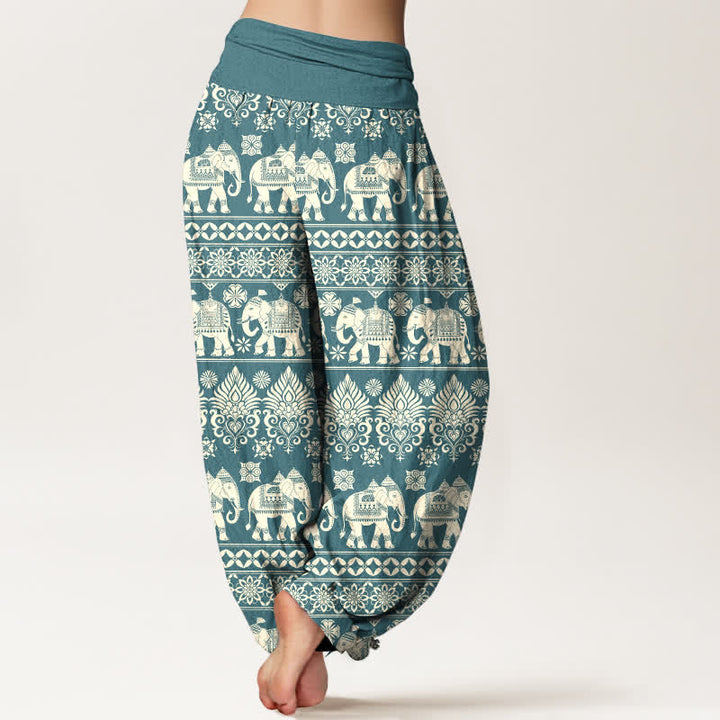 Buddha Stones Pantalones harem de mujer con cintura elástica y estampado tribal de rayas de Cotton Elephant - image 10