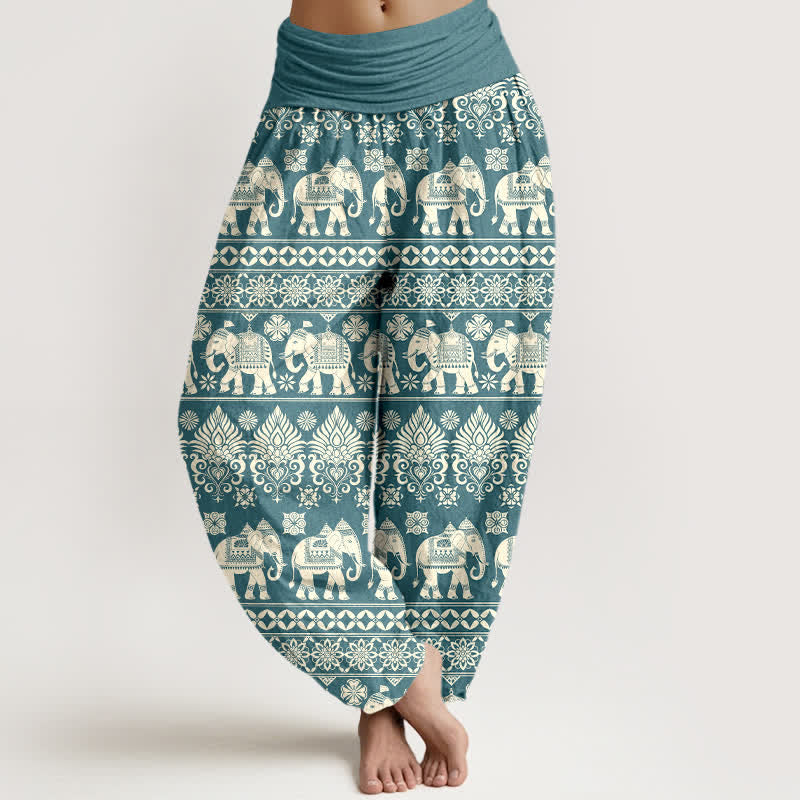 Buddha Stones Pantalones harem de mujer con cintura elástica y estampado tribal de rayas de Cotton Elephant - Verde azulado - US16，UK/AU20，EU48 (3XL) - image 8
