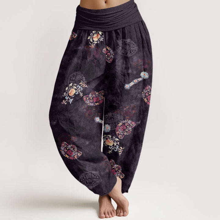 Buddha Stones Pantalones harem de algodón con estampado floral bohemio en forma de abanico para mujer, con cintura elástica. - Índigo - US16，UK/AU20，EU48 (3XL) - image 5