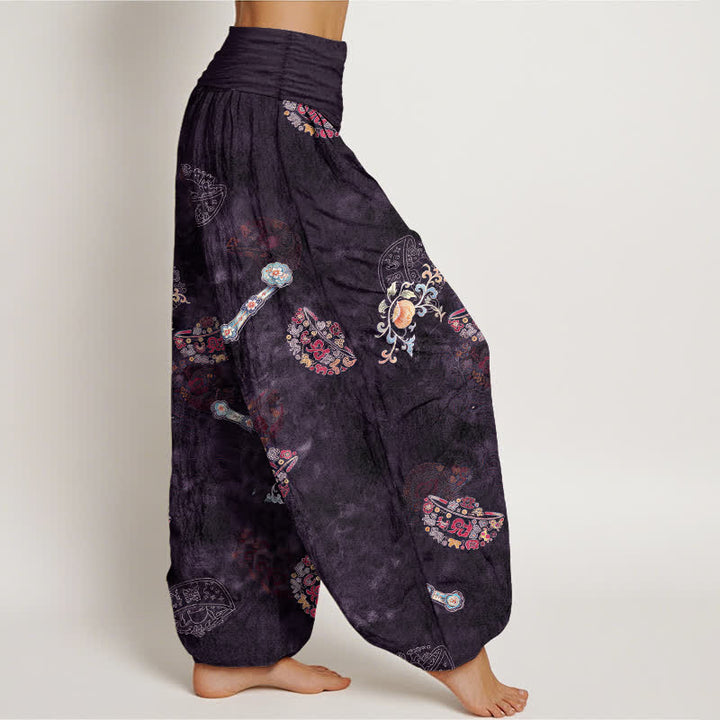 Buddha Stones Pantalones harem de algodón con estampado floral bohemio en forma de abanico para mujer, con cintura elástica. - image 6