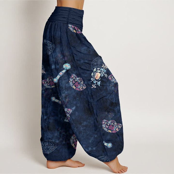 Buddha Stones Pantalones harem de algodón con estampado floral bohemio en forma de abanico para mujer, con cintura elástica. - image 9