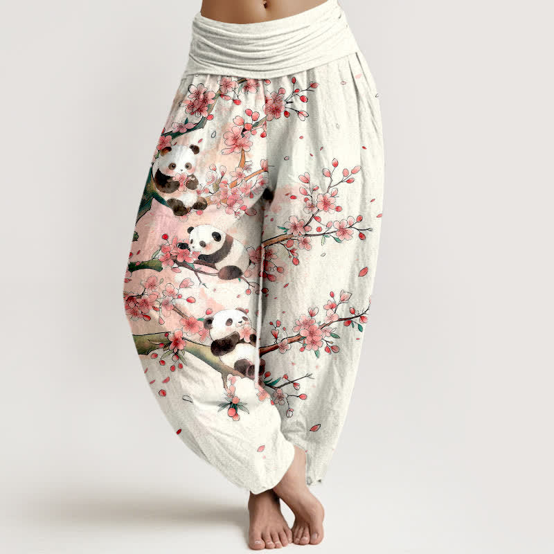Buddha Stones Pantalones harem de cintura elástica para mujer con estampado de flores de cerezo de Cotton Panda - Blanco - US16，UK/AU20，EU48 (3XL) - image 0