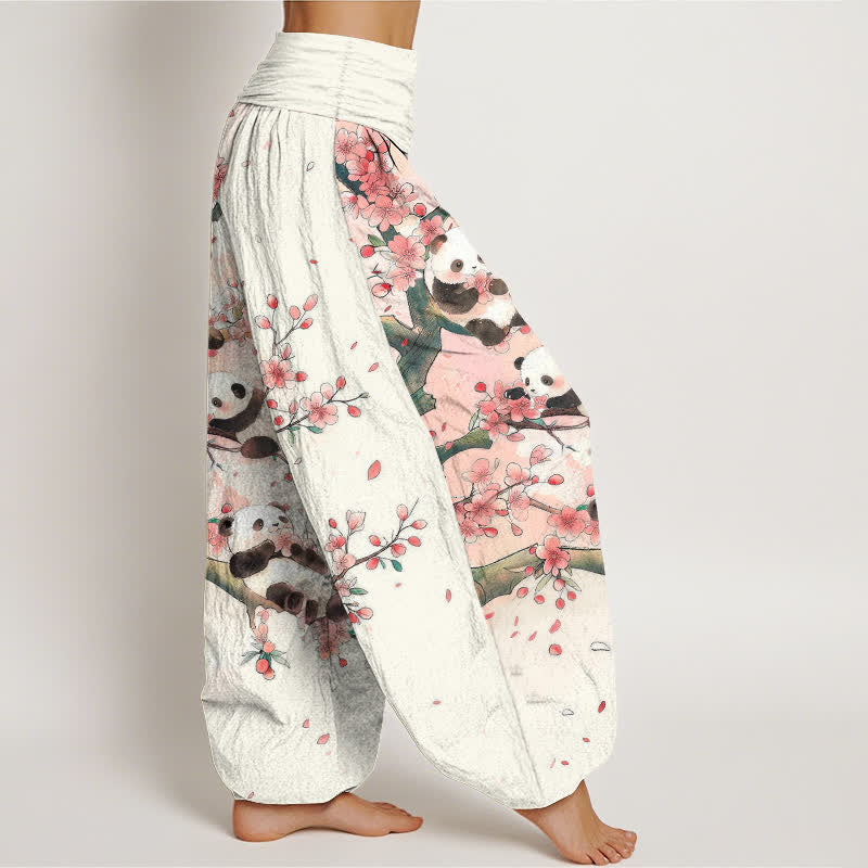 Buddha Stones Pantalones harem de cintura elástica para mujer con estampado de flores de cerezo de Cotton Panda - image 1