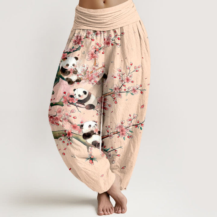 Buddha Stones Pantalones harem de cintura elástica para mujer con estampado de flores de cerezo de Cotton Panda - PeachPuff - US16，UK/AU20，EU48 (3XL) - image 8