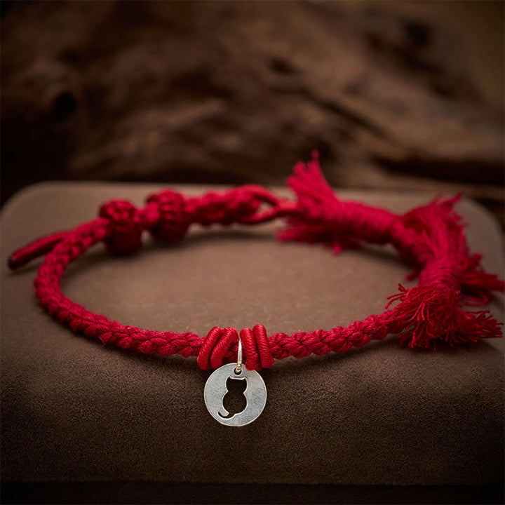 Buddha Stones Pulsera con dije de plata de ley 925 con diseño redondo hueco y cordón rojo de gato protector. - image 13
