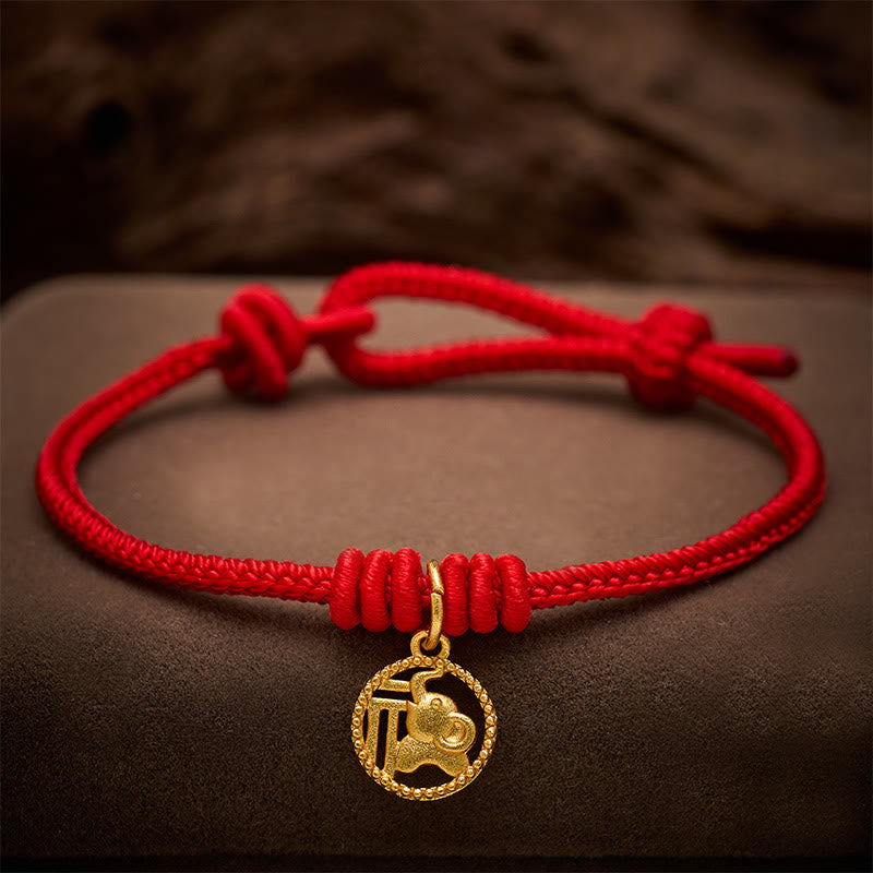 Buddha Stones Pulsera de la riqueza con diseño de elefante y cadena roja de cobre chapada en oro estilo Fu. - Rojo (circunferencia de la muñeca 15-18 cm) - image 0