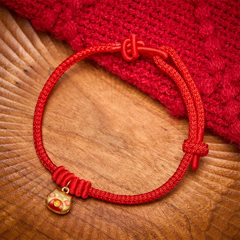 Buddha Stones Pulsera protectora de hilo rojo con diseño de gato, chapada en oro y plata de ley 925. - Rojo (circunferencia de la muñeca 15-18 cm) - image 0