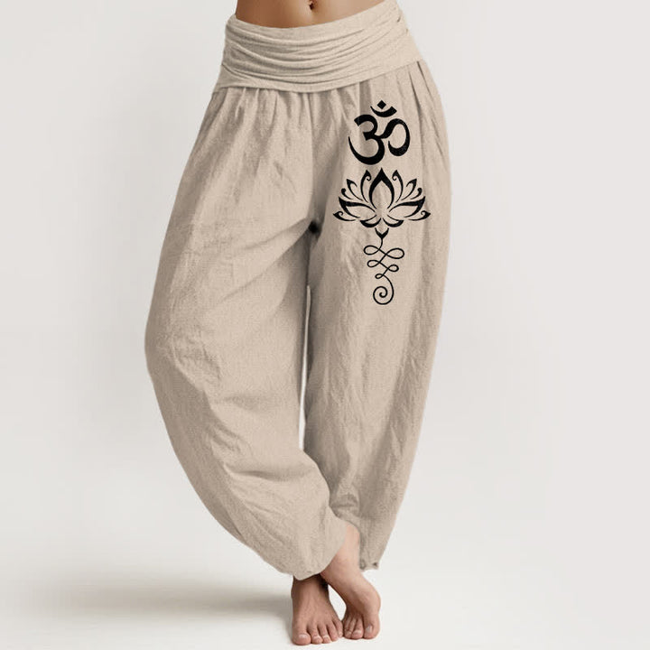 Buddha Stones Pantalones harem de algodón puro con estampado Lotus Om y cintura elástica para mujer. - Broncearse - US16，UK/AU20，EU48 (3XL) - image 11