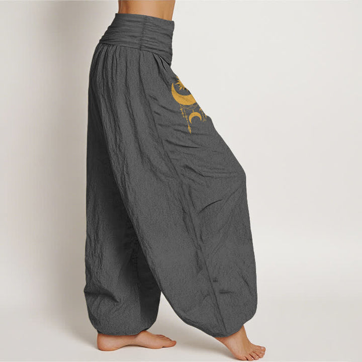 Buddha Stones Pantalones harem de mujer con cintura elástica, estampado de luna creciente dorada y estrellas, de algodón puro. - image 1