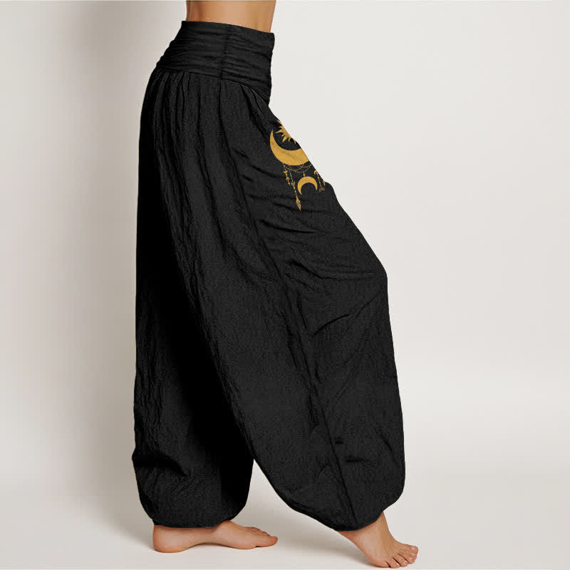 Buddha Stones Pantalones harem de mujer con cintura elástica, estampado de luna creciente dorada y estrellas, de algodón puro. - image 6